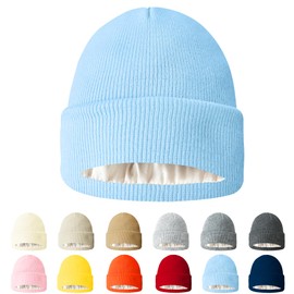 AGLIFEFY Winter Beanie Knit Cuffed Silk Lining Hats Warm Warm Beanies for Women Men (SkyBlue with Satin Lined)