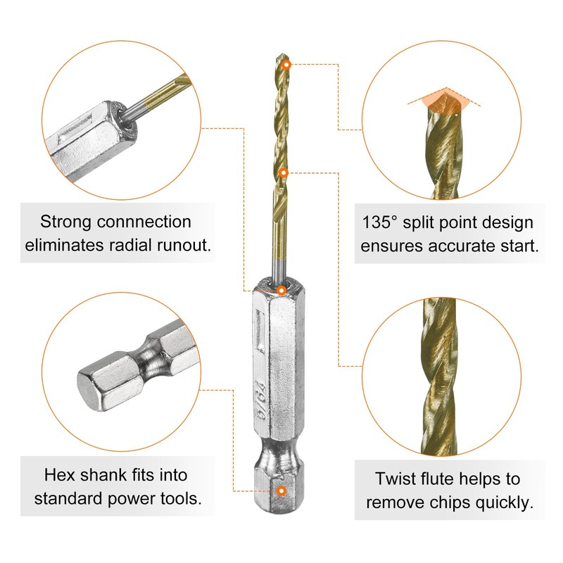 sourcing map 10pcs 1/4" Hex Shank Drill Bit 5/64" Gold