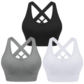 Leversic Women's Push Up Sports Bra Without Underwire Sports Bra Backless with Wide Straps for Better Support and Support, 3pcs-black+white+grey