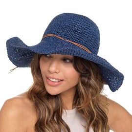Thingimijigs Ladies Wide Brimmed Floppy Straw Summer Sun Hat with Bow Detail - Navy M/L