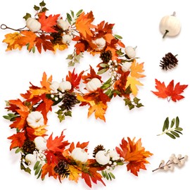 Naidiler Full Colorful Fall Maple Garland with White Pumpkins for Mantle, 6.2FT Autumn Garland Pinecones Fall Decorations for Home Fireplace Mantle Front Door Wall Stair Table Centerpiece Décor