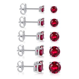 GEMSME 18K White Gold Plated Round Created Ruby Stud Earrings Pack of 5