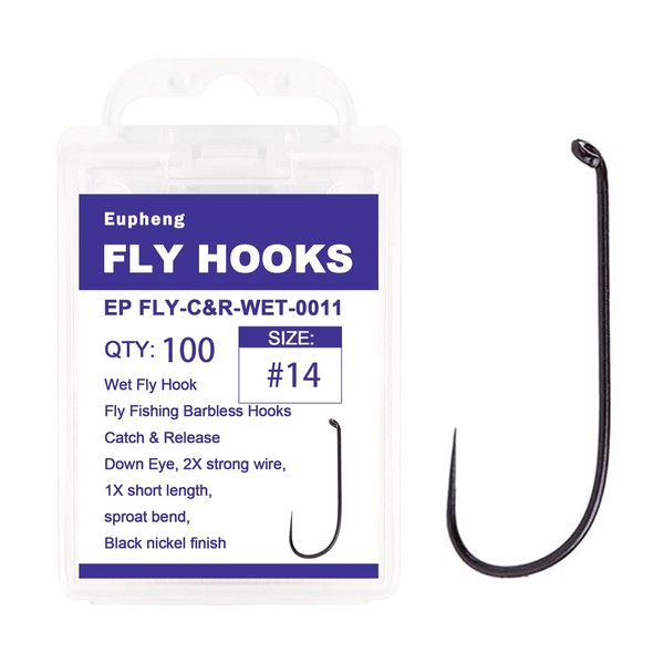 Eupheng Fly Fishing Hooks 100pc Pack Barbless Catch & Release
