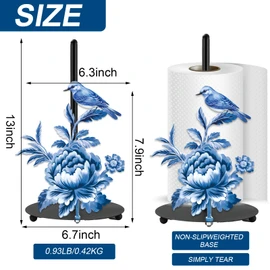 JarThenaAMCS Chinoiserie Paper Towel Holder Blue Floral Bird Kitchen Decor Accessories Large Metal Towel Holder Stand for Farmhouse Home?Party Bathroom Countertop