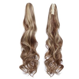 S-noilite 24" Claw Short Ponytail Hair Extension Clip In Ponytail Hair Piece With Jaw/Claw One Piece Long Wavy Pony Tail Hairpiece Synthetic For Women Girls(24 Inch,light brown & ash blonde)
