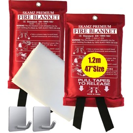 SKAMZ Fire Blanket, 47x47 Large 2-Pack with Hooks Premium Fiberglass Emergency Fire Blanket for Home and Kitchen, Easily Extinguishing Small Fires