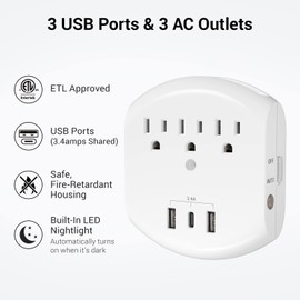 Clear Power 2-Pack USB Wall Charger, 3-Outlet Extender Wall-Tap with 3 USB Charging Ports(1 USB-C) & Nightlight, 3-Prong, White, ETL Listed, DC3S-10032P-DC