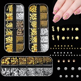zgiraloca Gold and Silver Nail Charms Kit - 3 Pack Mixed 3D Butterfly，Rhinestones, Pearls, Gems, Flowers & Bows for Nail Art Design (Silver&Gold D)