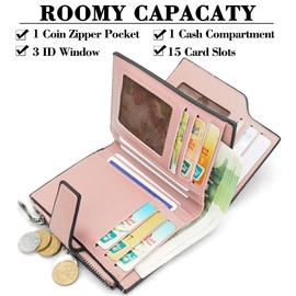 GOUNNU Wallets PU Leather Ladies Purses, Women's Wallet with Zip Coin Pocket, Bifold Leather Purses Large Capacity, 15 Card Slots (A-Pink)