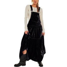Gacaky Womens Bib Overall Dress Casual Velvet Maxi Dresses Sleeveless Adjustable Straps Flowy Long Dress with Pockets Black X-Large