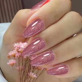 Handmade Light Pink Glitter Press on Nails Almond Medium, Handmade Fake Nails With uv Sealer That Doesn't Shed Powder, 24 Nail Kit with Glue(Dazzling Glitter Pink)