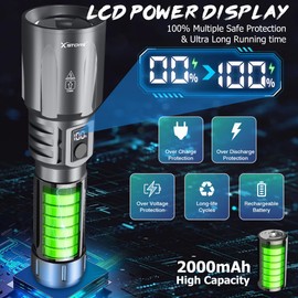 X.Store X.Store Rechargeable LED Flashlight 10000 Lumens - 5 Mode High-Powered Tactical Flashlight for Camping, Emergency, Hiking, Digital Power Display, Adjustable Focus, Super Bright Beam