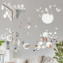 COCOVIVRE 103Pcs Acrylic Mirror Wall Stickers, Removable DIY Circle Ceiling Teardrop Butterfly Frameless Wall Clock 3D 5 Style Wall Decal Set for Living Room Bathroom Home Office Decorations (Silver)