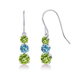 Gem Stone King 925 Sterling Silver Green Peridot and Swiss Blue Topaz and Green Peridot 3-Stone French Wire Dangle Earrings For Women (1.90 Cttw, Gemstone August Birthstone, Round 5MM, 4MM and 3MM)
