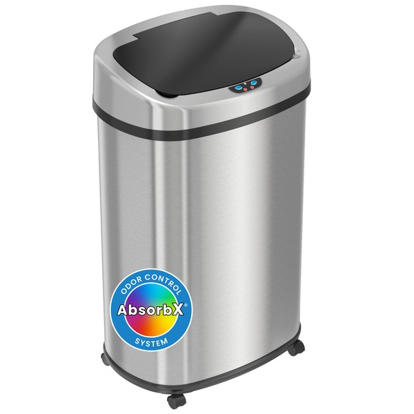 iTouchless Glide 13 Gallon Sensor Trash Can with Wheels and Odor Control System, Stainless Steel, Oval Shape Automatic Kitchen and Office Garbage Bin (Powered by Battery or Optional AC Adapter)