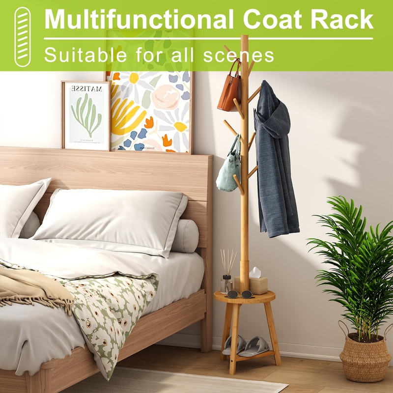 BMOSU Coat Rack freestanding Stand with 2 Shelves Bamboo Wooden