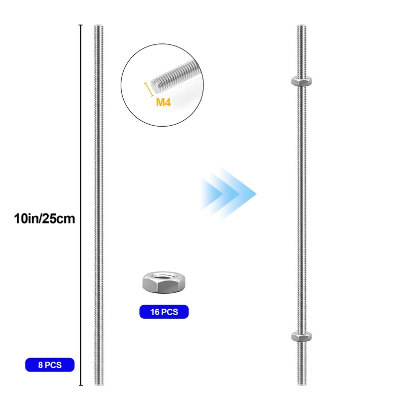 MingQiEven 24 Pack 8/32 Inch Stainless Steel M4 Threaded Rod