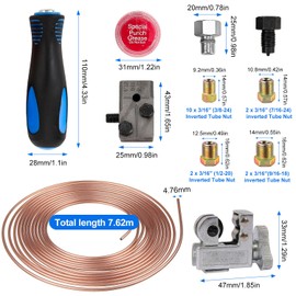 Taipintee 4.75 mm Universal Flaring Tools for Brake Line Set, Durable and Portable, with 4.76 mm Diameter 7.62 m Brake Line, 16 Gold Fittings 25 FT and 1 Copper Pipe Cutter (Golden Yellow + Blue)