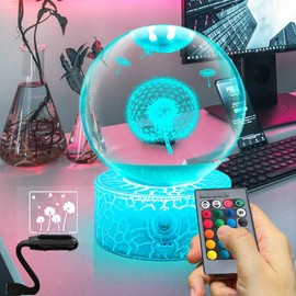 Fanrui Dandelion Flower Crystal Ball Night Light,16 Colors & 4 Flashing Modes & Remote Control & USB Touch & Brightness Adjustable, 80mm Dandelion Glass Sphere Lamp, Office Desktop Home Decor Gifts