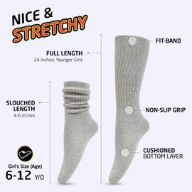 HOT FEET Girls Slouch Socks - 6 PK Tall Stacked Slouchy Socks, Warm Cotton Blend Long Calf Socks for Kids, Little Girls 6-8 Years, 2 Black/2 White/2 Gray