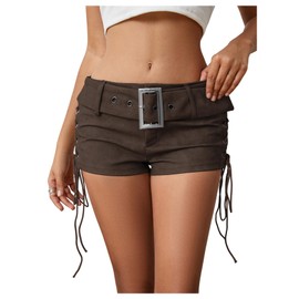 MakeMeChic Women's PU Leather Lace Up Ruched Tie Side Micro Shorts Low Waist Belted Festival Rave Mini Short, Pu-brown, Small