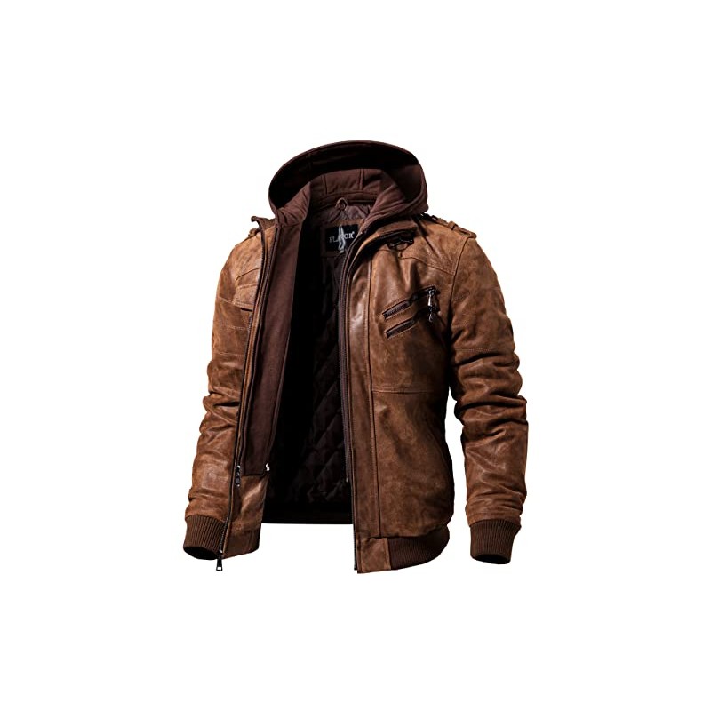 FLAVOR Men Brown Leather Motorcycle Jacket with Removable Hood (Large