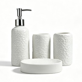 4 Piece White Ceramic Bathroom Accessories Set, 3D Embossed Floral Bath Decor Set with Soap Dispenser, Toothbrush Holder, Tumbler and Soap Dish, Elegant Countertop Organizer for Bathroom