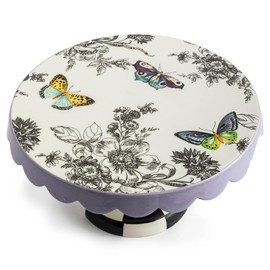 MACKENZIE-CHILDS Ceramic Pedestal Platter, Decorative Tray Stand, Small, Butterfly Toile