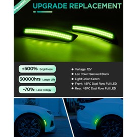 PWOBVZ Full LED Side Marker Lights for Chevy Camaro 2016 2017 2018 2019 2020 2021 2022 2023, Smoked Lens Green Front Rear Bumper Running Lamp Repeater
