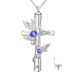 HVQP Hummingbird Cross Urn Necklaces for Ashes Women White Gold Plated S925 Sterling Silver Funnel Filler Memorial Cremation Jewelry with Sapphire September Birthstone Sympathy Gifts for Women Loss of Loved One