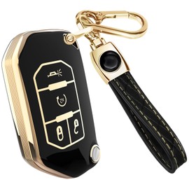 Lucrum for Jeep Wrangler Key Fob Cover & Leather Keychain - TPU Keyfob Case for Gladiator JLU JL Rubicon JT (2018-2025) - Black and Gold