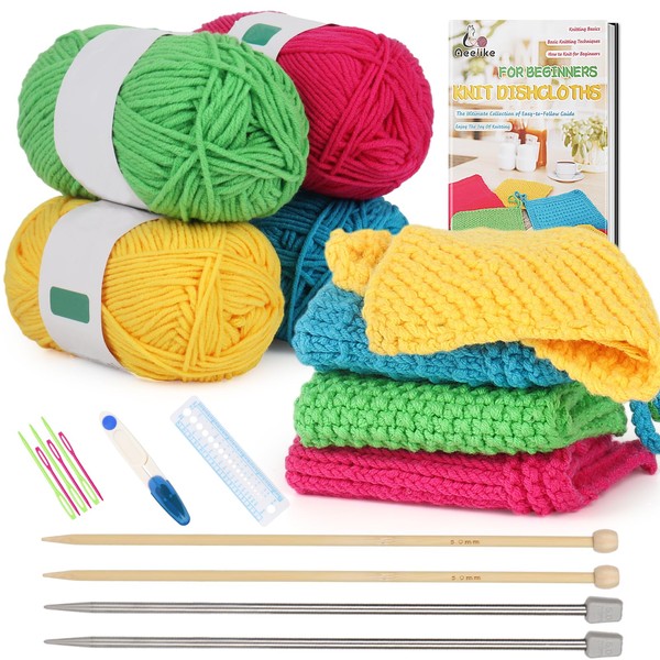 Aeelike Knitting Kits for Beginners, 4 Pcs Bamboo and Metal Knitting Needle Set with Cotton Yarn, Knitting Set for Making Dishcloth with Step-by-Step Instructions
