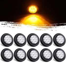 10Pcs 2” Inch Round Led Marker Lights 9 Amber LED Reflectors Clear Lens, 2 Inch Round LED Truck Trailer Clearance Side Marker Lights w/Light Grommets and 2 Prong Trailer Wire Pigtails 12V Waterproof