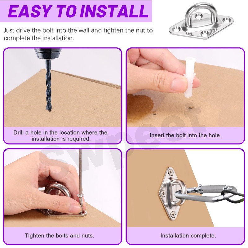 Swpeet 4Pcs M8 304 Stainless Steel Silver Rhombus Pad Eye