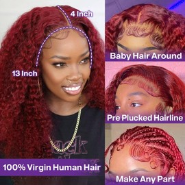 HIRIREMY 99J Burgundy Deep Wave Lace Front BOB Wigs Human Hair Pre Plucked Wear And Go Glueless Wine Red 16 Inch 13x4 HD Short Curly Frontal BOB Wigs Human Hair For Black Women