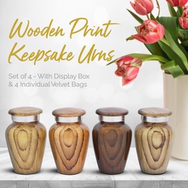 Wooden Print Keepsake Urns - Small Cremation Urns - Mini Urns for Human Ashes Set of 4 with Premium Box & Bags - Honor Your Loved One with Metallic Wooden Urns for Ashes - Small Urns for Men & Women