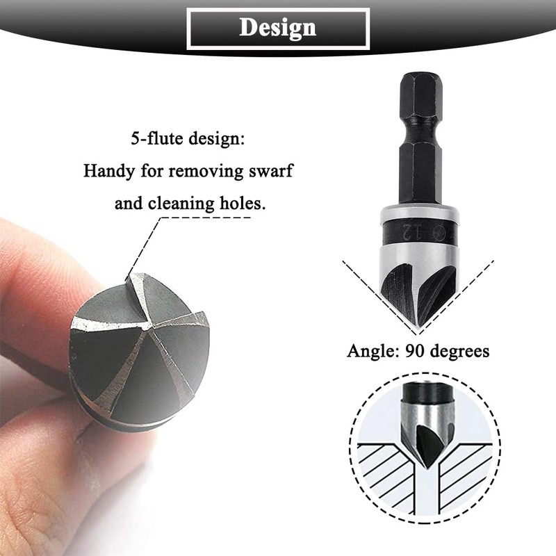 Teocpai 3Pcs Countersink Drill Bits 5 Flute 90 Degree Chamfering