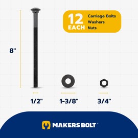 1/2 in. x 8 in. Black Carriage Bolt Kit Includes 12 Bolts, 12 Washers, and 12 Nuts, Ceramic Black Ruspert Coated for Exterior Use - 2X Rust Resistance of Galvanized by Makers Bolt