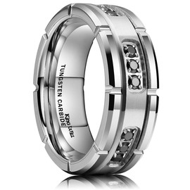 King Will 8mm Mens Tungsten Carbide Wedding Ring Black Cubic Zirconia Inlay Polished Finish 8