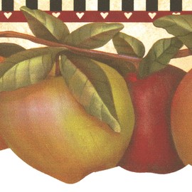 CONCORD WALLCOVERINGS ™ Wallpaper Border Fruits Pattern Apples Leaves Hearts, Die Cut Edge for Kitchen Dining Area Cottage, Green Red Orange Brown, 4 Inches by 15 Feet LB0220DB