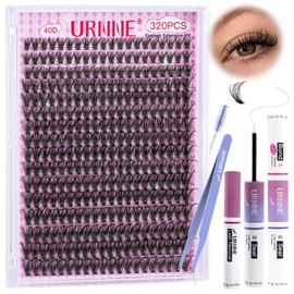 40D Lash Clusters Kit 320Pcs Eyelash Extension Kit 9-16mm Individual Lashes with Waterproof Lash Bond and Seal, Remover, Lash Tweezer DIY Lash Extensions at Home URNNE