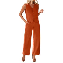KIRUNDO Vest and Pants Set Women 2 Piece Outfits Sleeveless V Neck Linen Copped Blazer Vest and Wide Leg Pants Suits Brunch Summer Outfits 2025 Work Clothes(Brick Red, Medium)