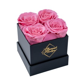 GLAMOUR BOUTIQUE Preserved Roses in a Box - Valentines Day Gifts for Her & Mom, 4 Roses Flowers Decor for Birthday Gift, Cased in A Square Gift Box with Lid, 4” x4” x5 - Pink