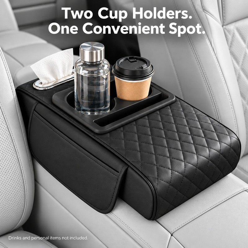 Auto Center Console Armrest Cushion With 2 Cup Holder PU