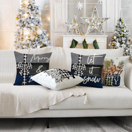 Artmag 20x20 Inch Christmas Throw Pillow Covers Merry Christmas Joy Xmas Trees Blue and Black Decorative Winter Holiday Cushion Case for Coach Sofa Set of 4