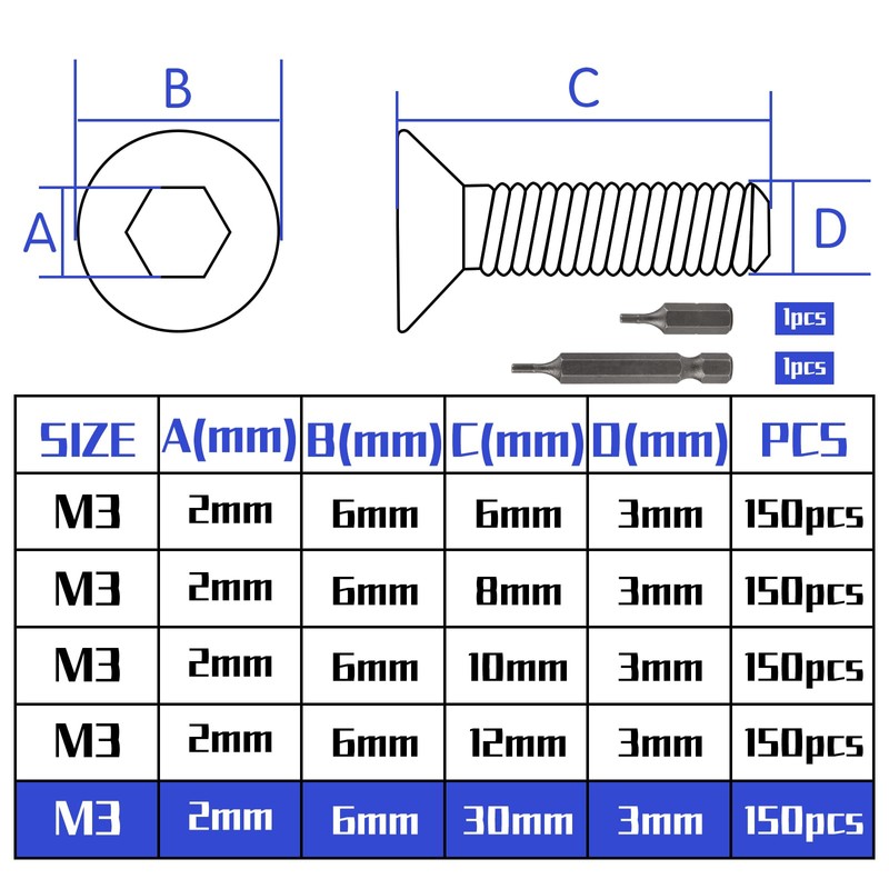 Countersunk Screws Stainless Steel M3 x 30 mm Hexagon Socket