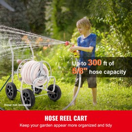 Happybuy Hose Reel Cart, Holds Up to 300 ft of 5/8” Hose, Mobile Garden Water Hose Carts with 4 Wheels, Heavy Duty Powder-Coated Steel, Outdoor Storage Basket for Lawn and Garden