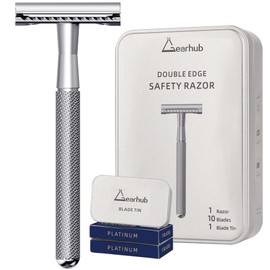 Gearhub Double Edge Safety Razor Stainless Steel Metal Reusable Wet Shaving Razor with 10 Swedish Platinum Blades for Men Women Barber Bikini Armpit Hair, Silver GRB3G