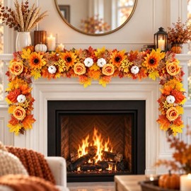 Guirnaldas de otoño,Guirnalda de hojas de arce artificiales, Decoración de Cosecha Ideal para Acción de Gracias, Halloween, Chimenea, Porche, Hogar, M