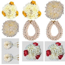 Generic Traditional Indian Hair and Hand accessories Handmade Artificial Flower Plastic Gajra Veni Garland for Hair 2 Yellow, 2 White, 2 Mogra Flower, 2 Red and 2 White Latkan (Set of 10 Gajra Bands)